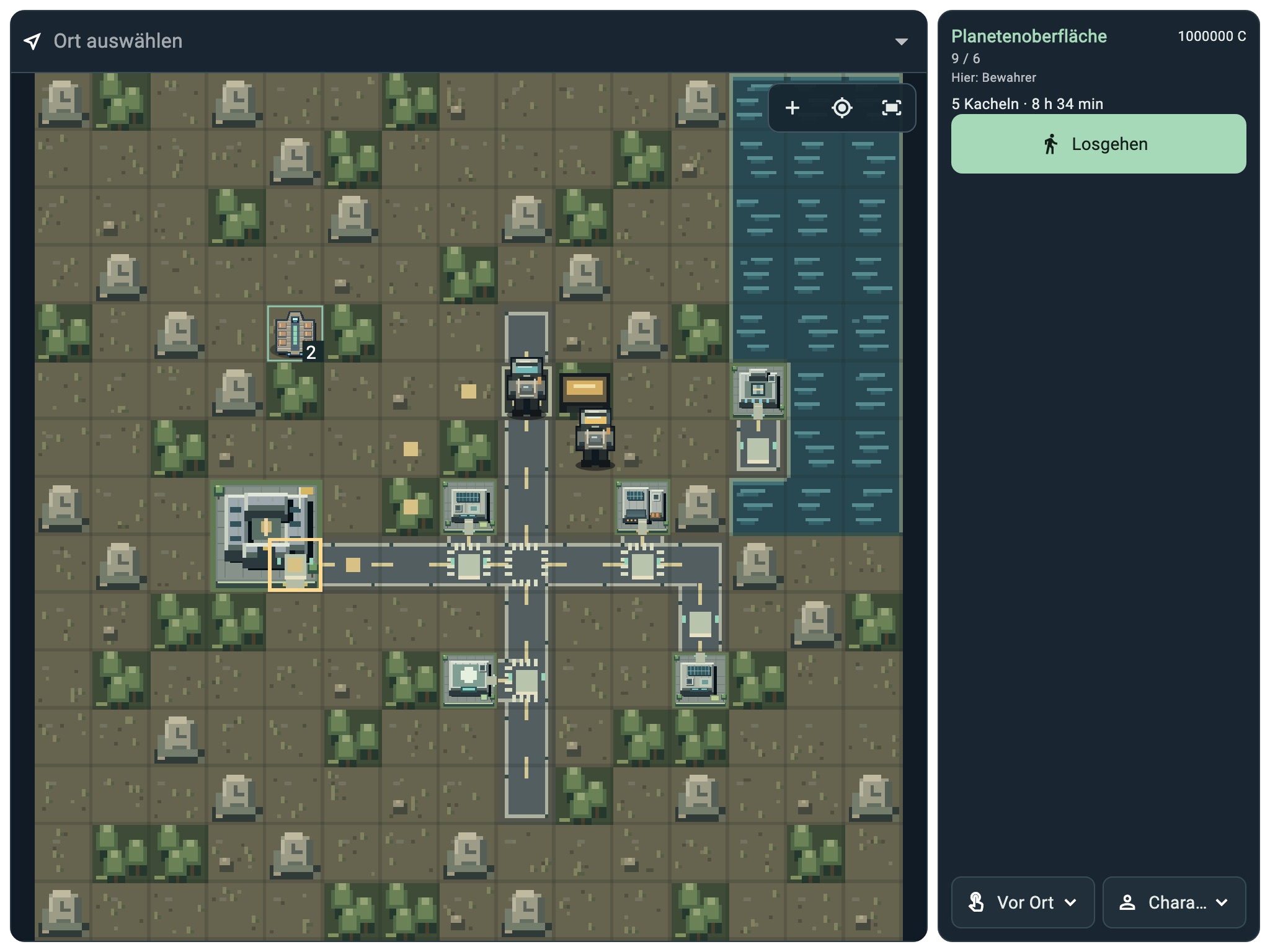 Pixelige Planetenoberfläche mit Straßen, Gebäuden und auswählbarem Landeplatz